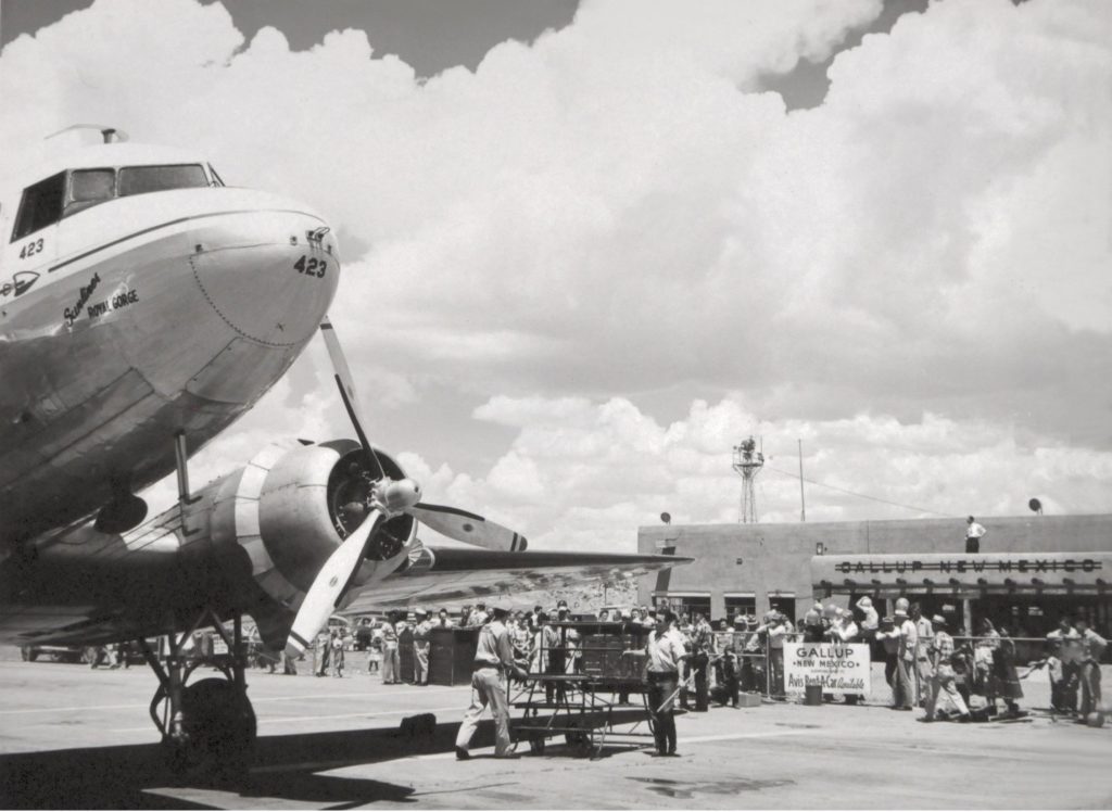 A Frontier Airlines Douglas DC-3 at the Gallup airport in the 1950’s.