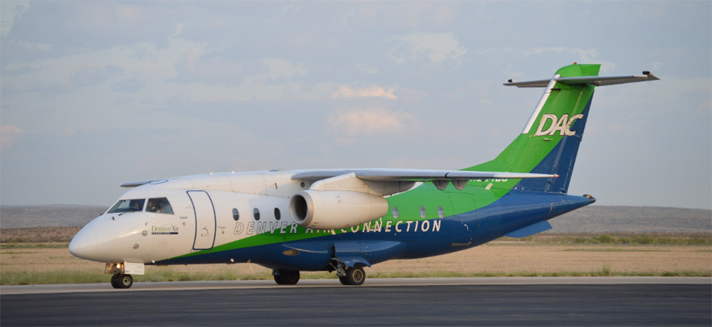 Denver Air Connection Fairchild Dornier 328 Jet at Carlsbad in 2022.