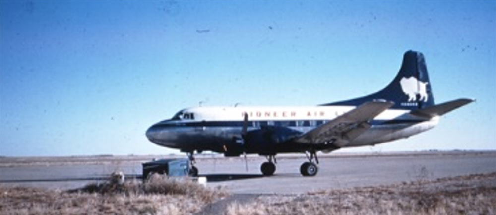 Pioneer Air Lines Martin 202 at the Clovis-Cannon Air Force base facility circa 1952.